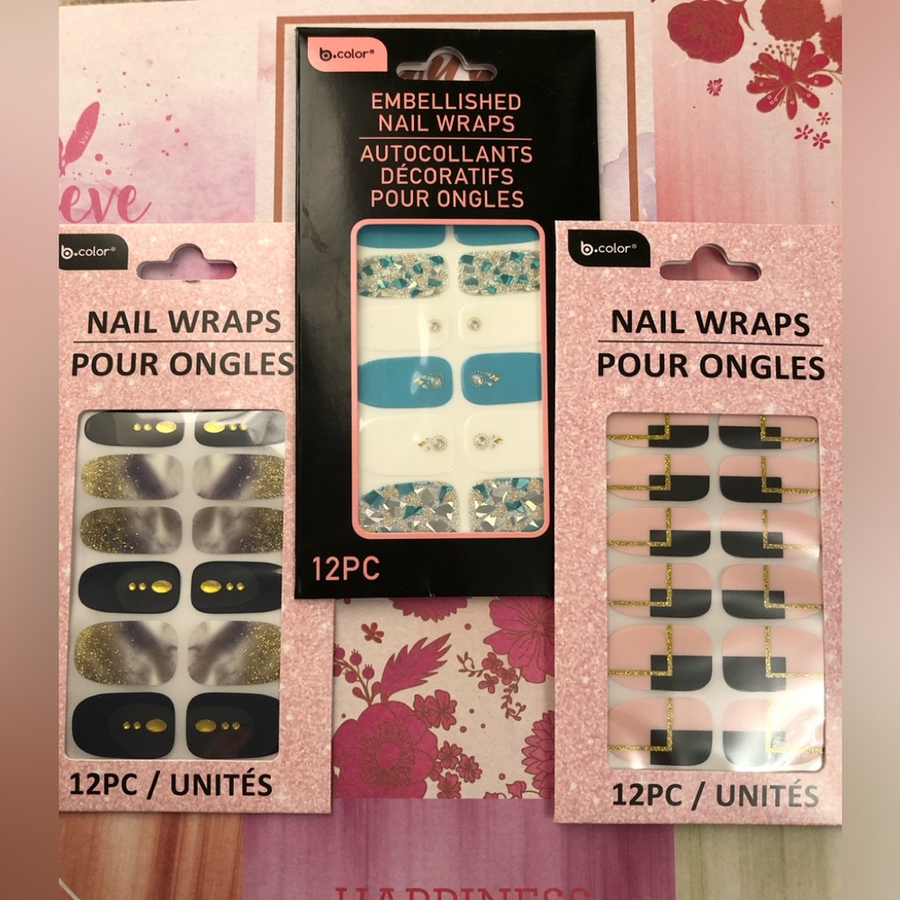 Embellished & Glam Nail Wraps 3 Packs in Black, Gold, Pink, Blue,Silver (New)